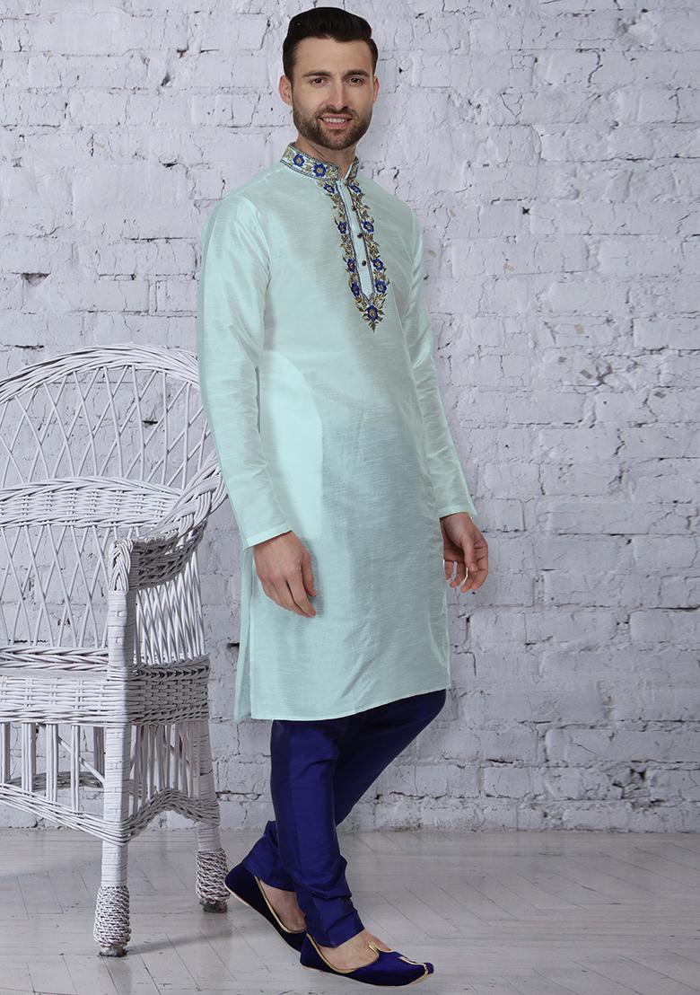Light Blue Traditional Dupion Silk Kurta For Men - Indya