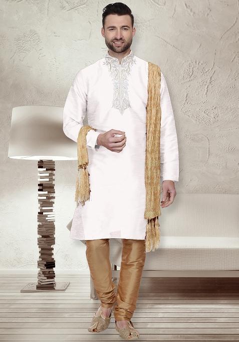 White Traditional Dupion Silk Blend Kurta For Men