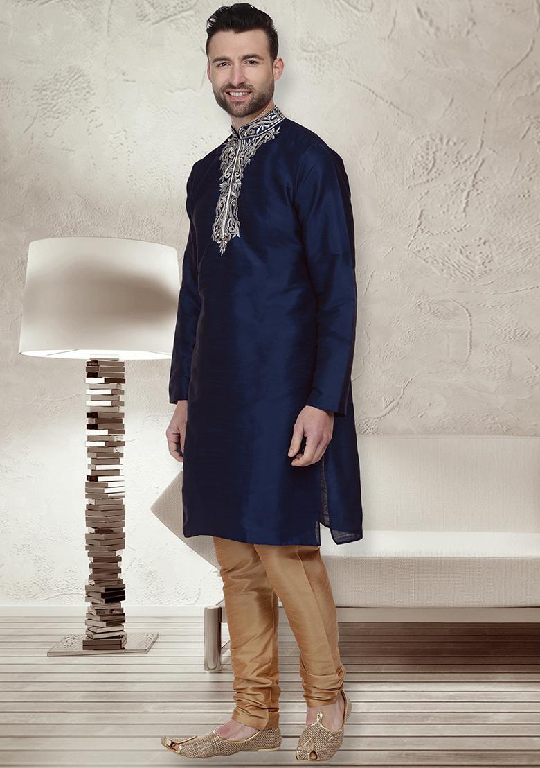 Navy Blue Traditional Dupion Silk Kurta For Men - Indya