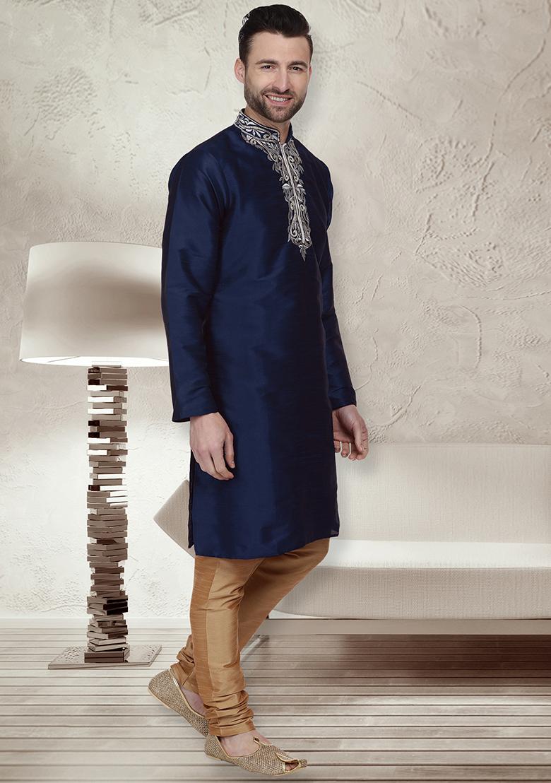 Navy Blue Traditional Dupion Silk Kurta For Men - Indya
