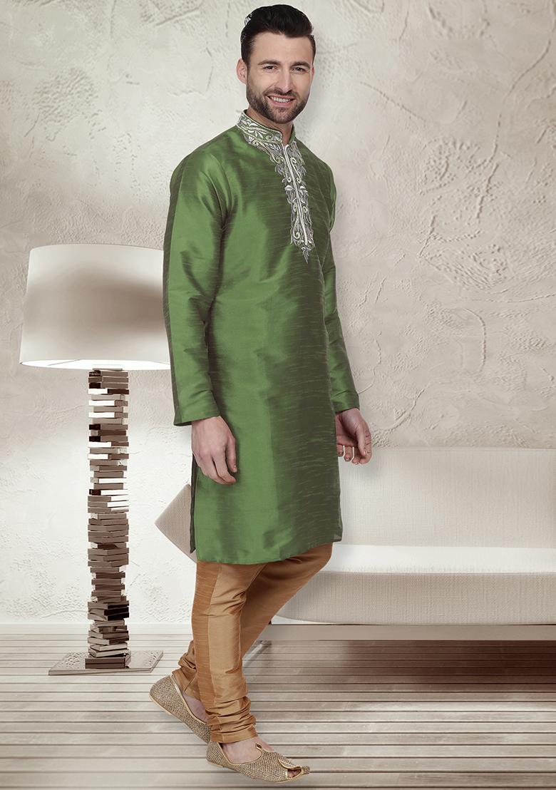 Mehandi Green Traditional Dupion Silk Kurta For Men - Indya