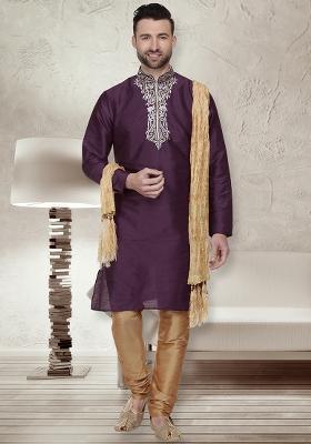 Purple Traditional Dupion Silk Kurta For Men