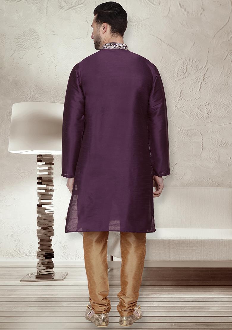 Purple Traditional Dupion Silk Kurta For Men - Indya
