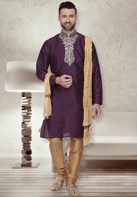 Purple Traditional Dupion Silk Kurta For Men