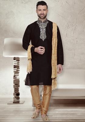Black Traditional Dupion Silk Kurta For Men