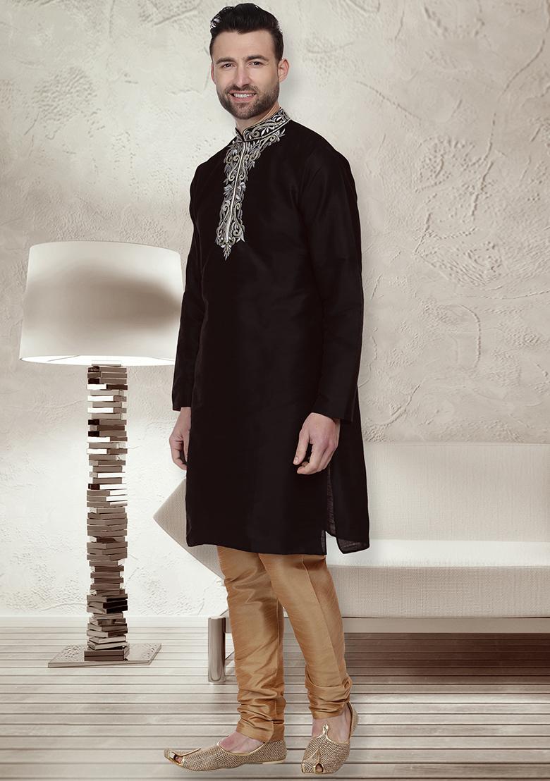 Black Traditional Dupion Silk Kurta For Men - Indya