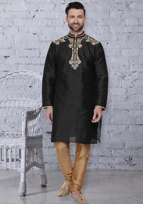 Navy Blue Traditional Dupion Silk Kurta For Men