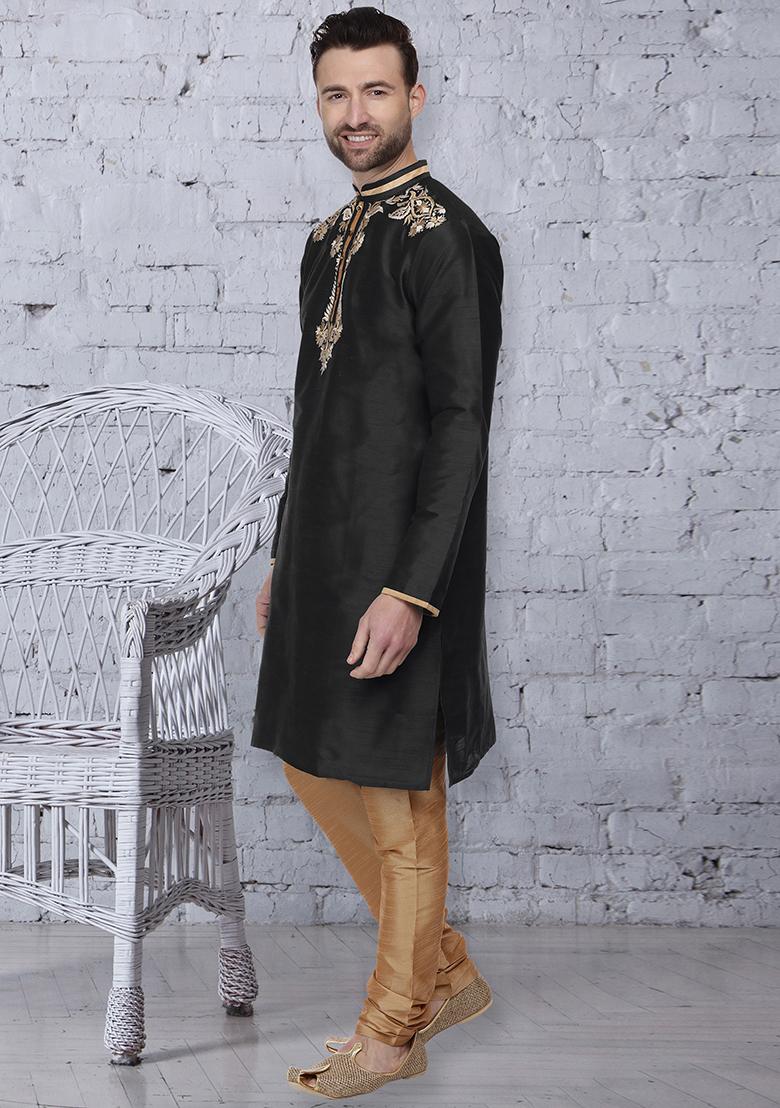 Navy Blue Traditional Dupion Silk Kurta For Men - Indya