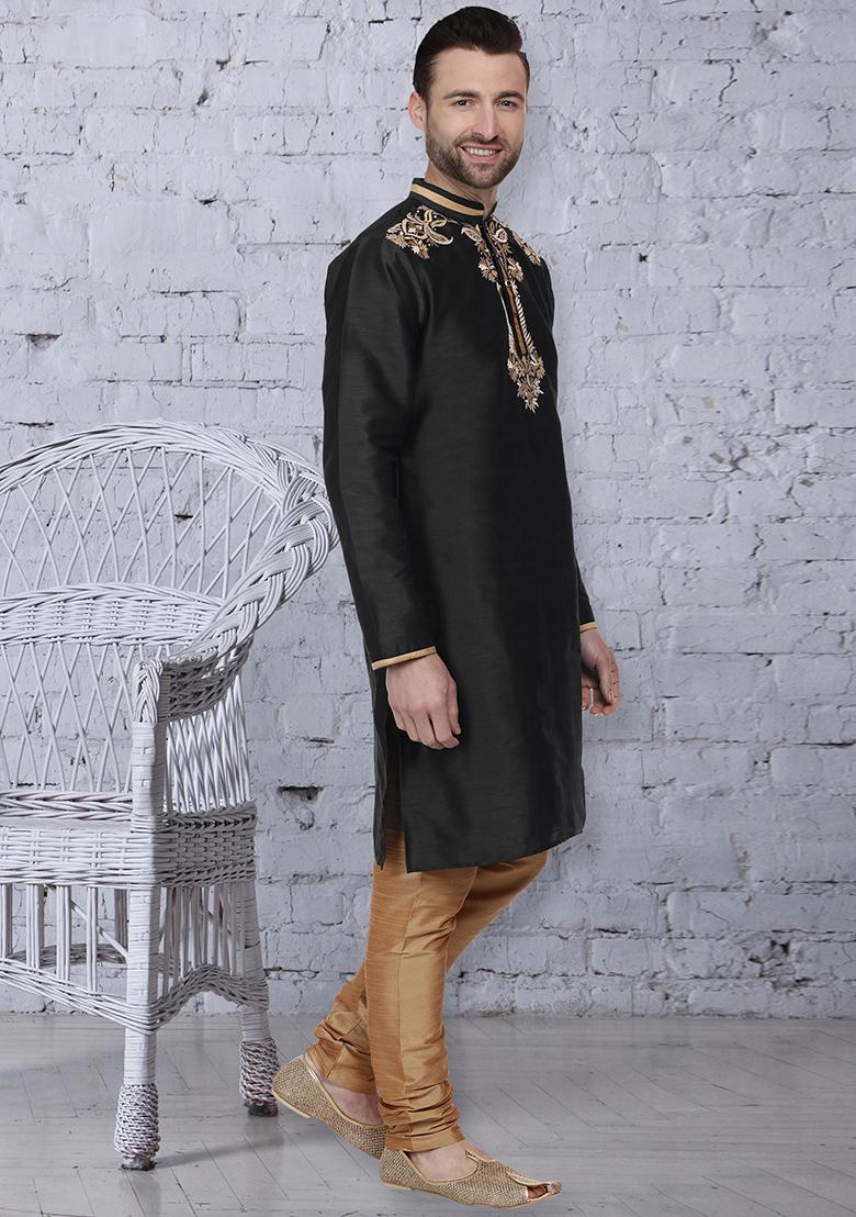 Navy Blue Traditional Dupion Silk Kurta For Men - Indya