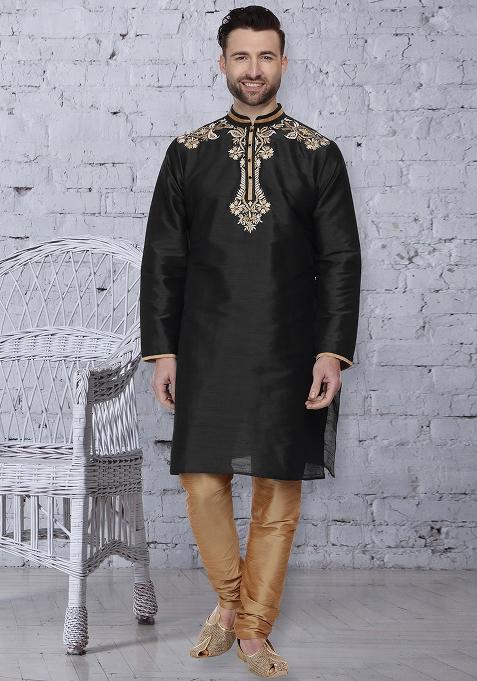 Navy Blue Traditional Dupion Silk Kurta For Men