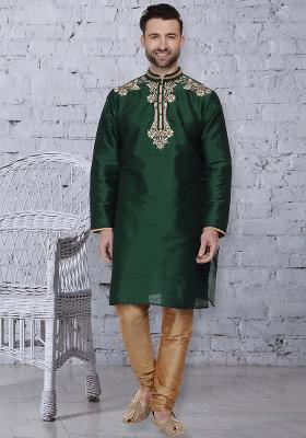 Bottle Green Traditional Dupion Silk Kurta For Men