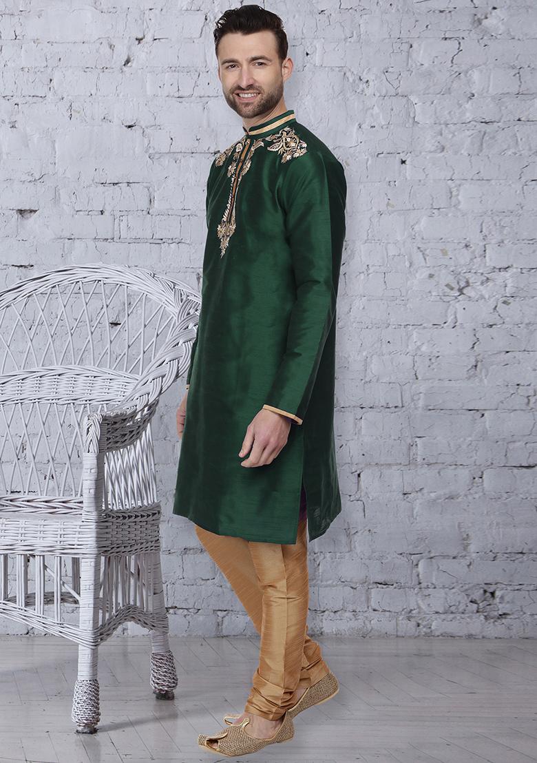 Bottle Green Traditional Dupion Silk Kurta For Men - Indya