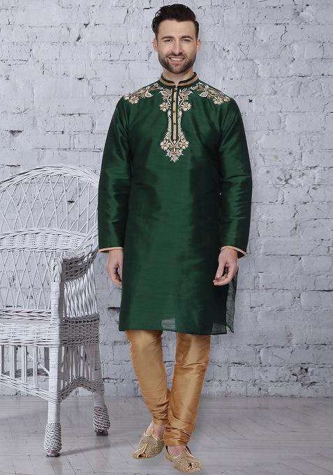 Bottle Green Traditional Dupion Silk Blend Kurta For Men