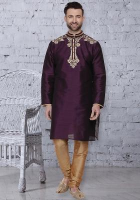 Purple Traditional Dupion Silk Kurta For Men