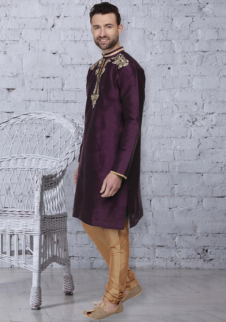 Purple Traditional Dupion Silk Kurta For Men - Indya