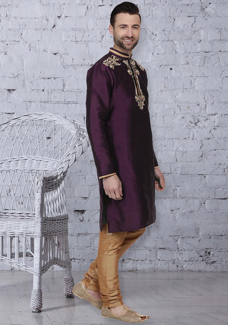 Purple Traditional Dupion Silk Kurta For Men - Indya