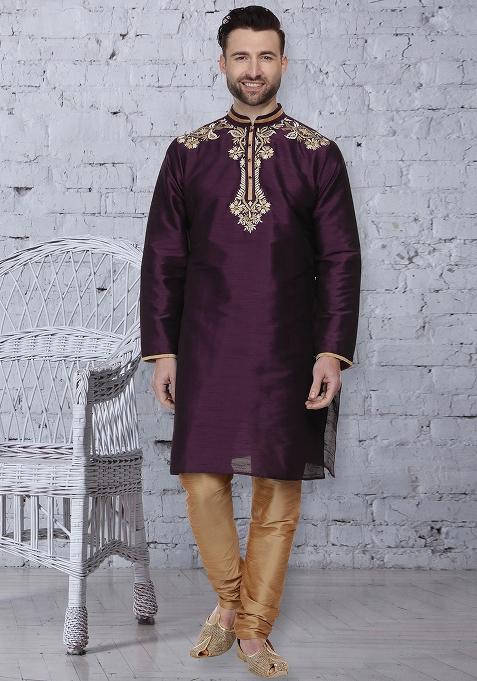Purple Traditional Dupion Silk Kurta For Men