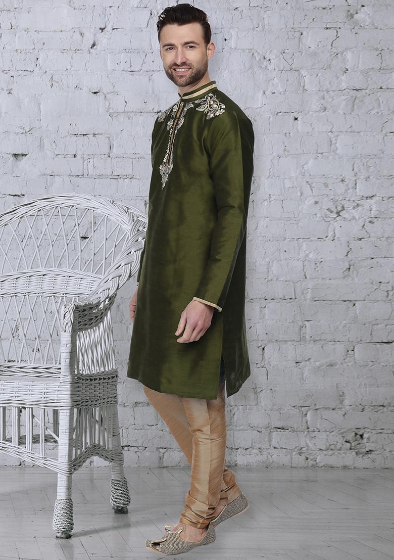 Mehandi Green Traditional Dupion Silk Kurta For Men - Indya