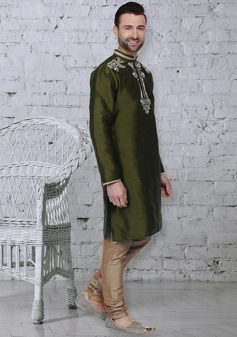 Mehandi Green Traditional Dupion Silk Kurta For Men - Indya