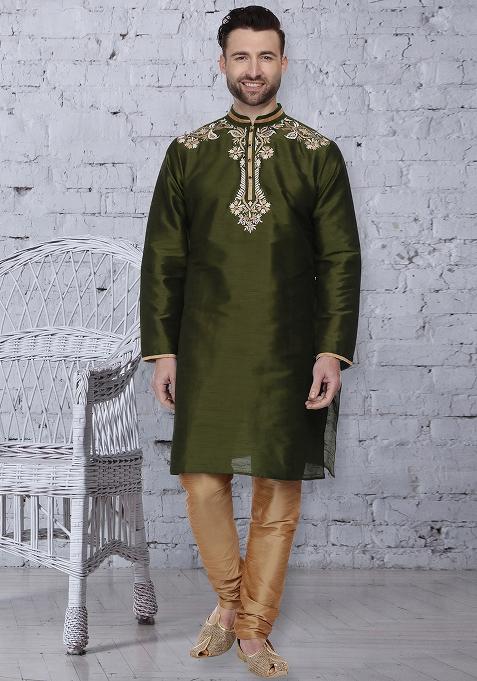 Mehandi Green Traditional Dupion Silk Blend Kurta For Men