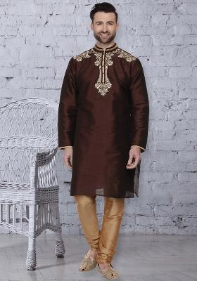 Brown Traditional Dupion Silk Kurta For Men