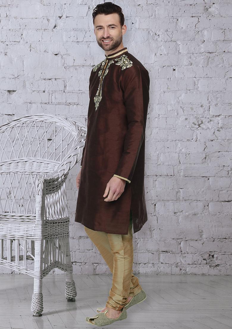 Brown Traditional Dupion Silk Kurta For Men - Indya