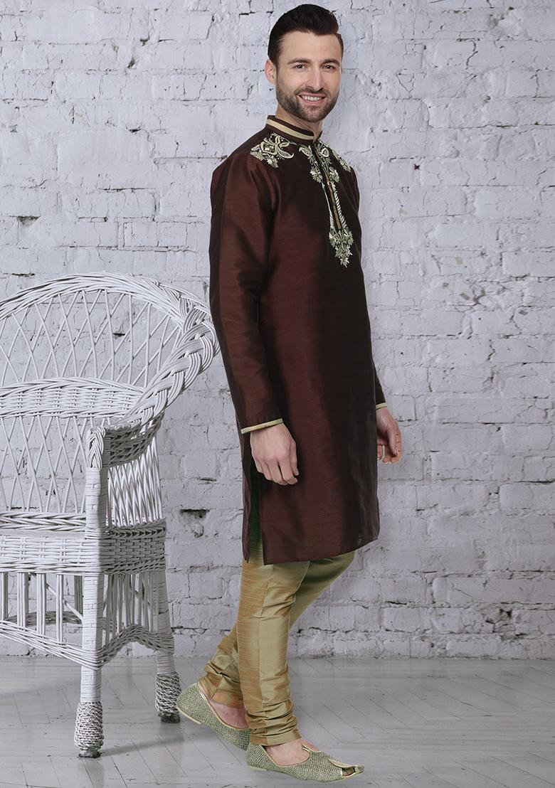 Brown Traditional Dupion Silk Kurta For Men - Indya