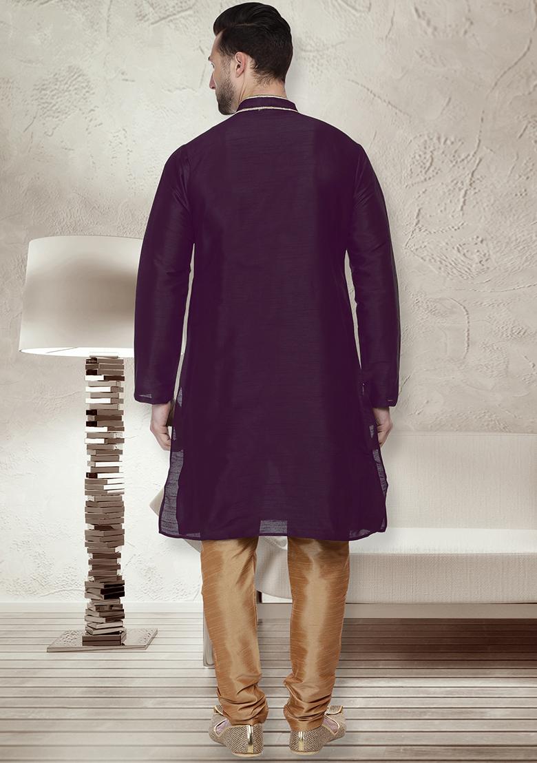 Purple Traditional Dupion Silk Kurta For Men - Indya