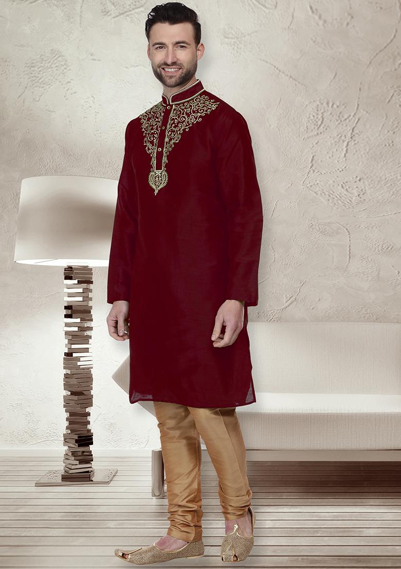 Maroon Traditional Dupion Silk Kurta For Men - Indya