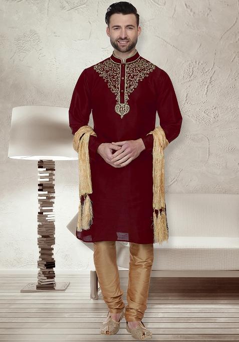Maroon Traditional Dupion Silk Kurta For Men