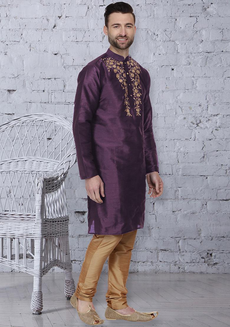 Purple Traditional Dupion Silk Kurta For Men - Indya