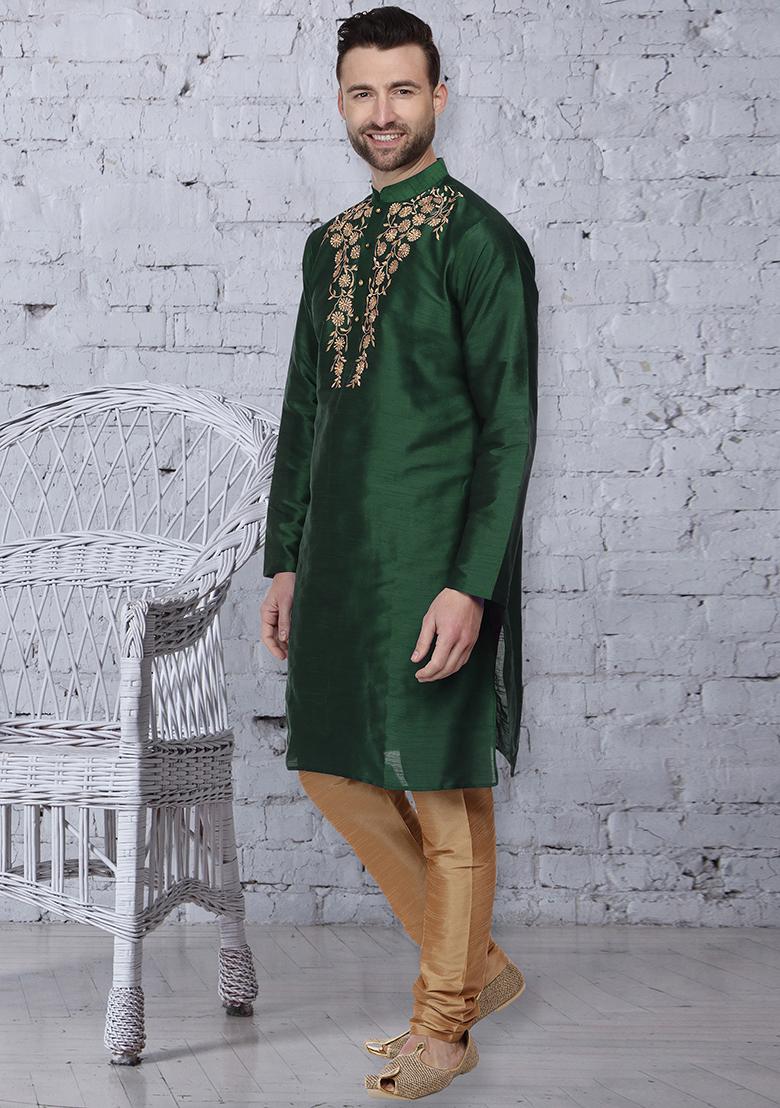 Bottle Green Traditional Dupion Silk Kurta For Men - Indya