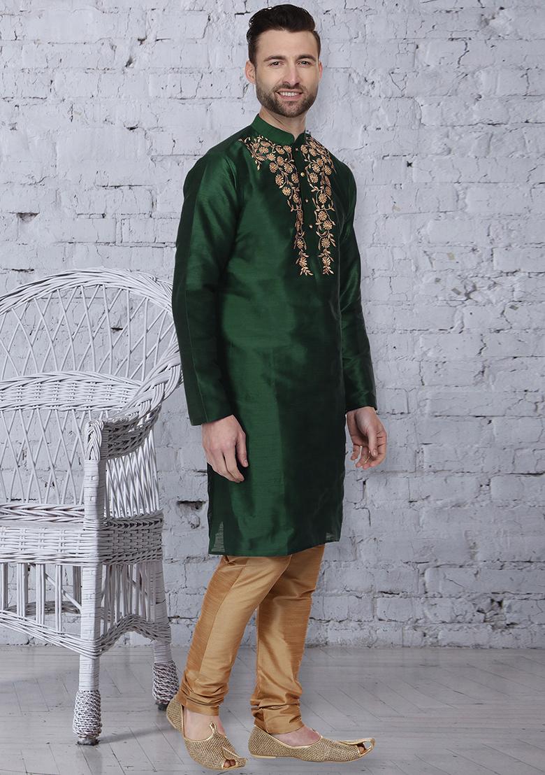 Bottle Green Traditional Dupion Silk Kurta For Men - Indya