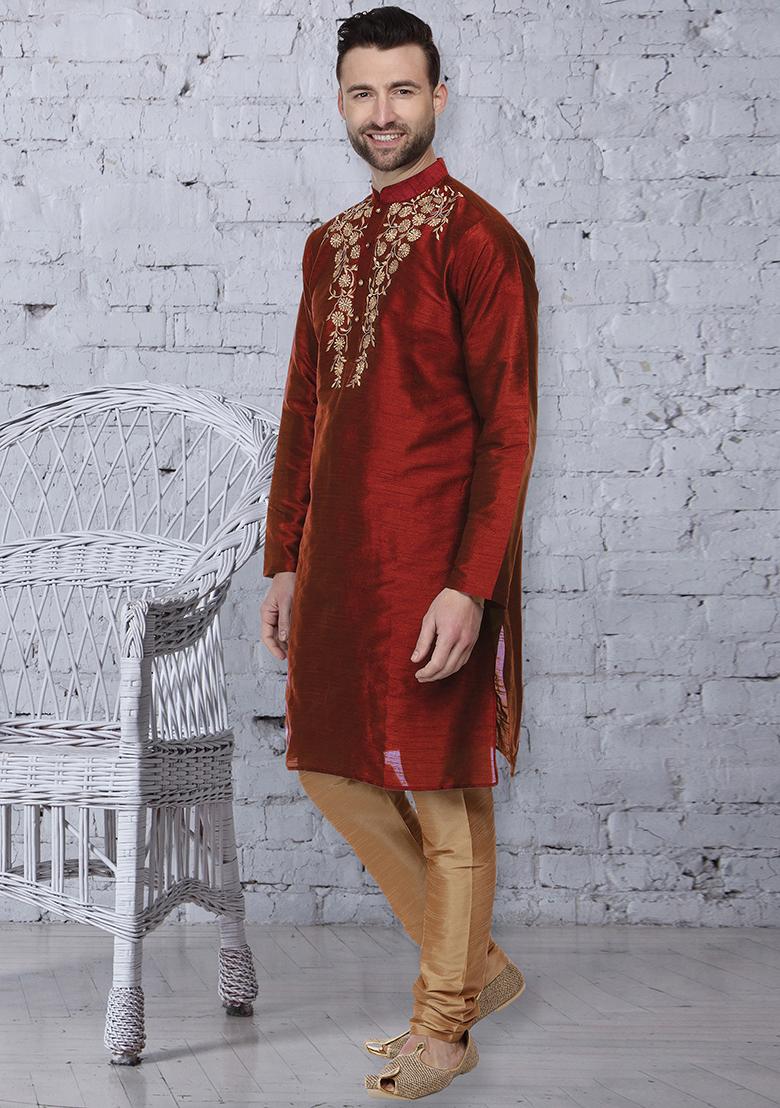 Maroon Traditional Dupion Silk Kurta For Men - Indya