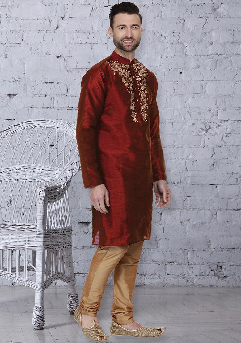 Maroon Traditional Dupion Silk Kurta For Men - Indya