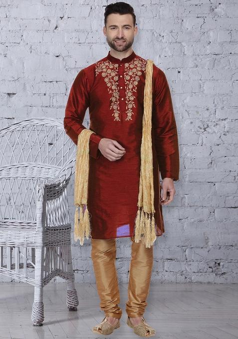 Maroon Traditional Dupion Silk Kurta For Men