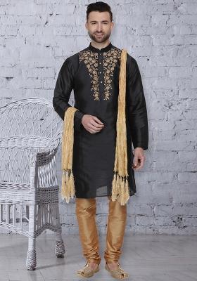 Black Traditional Dupion Silk Kurta For Men