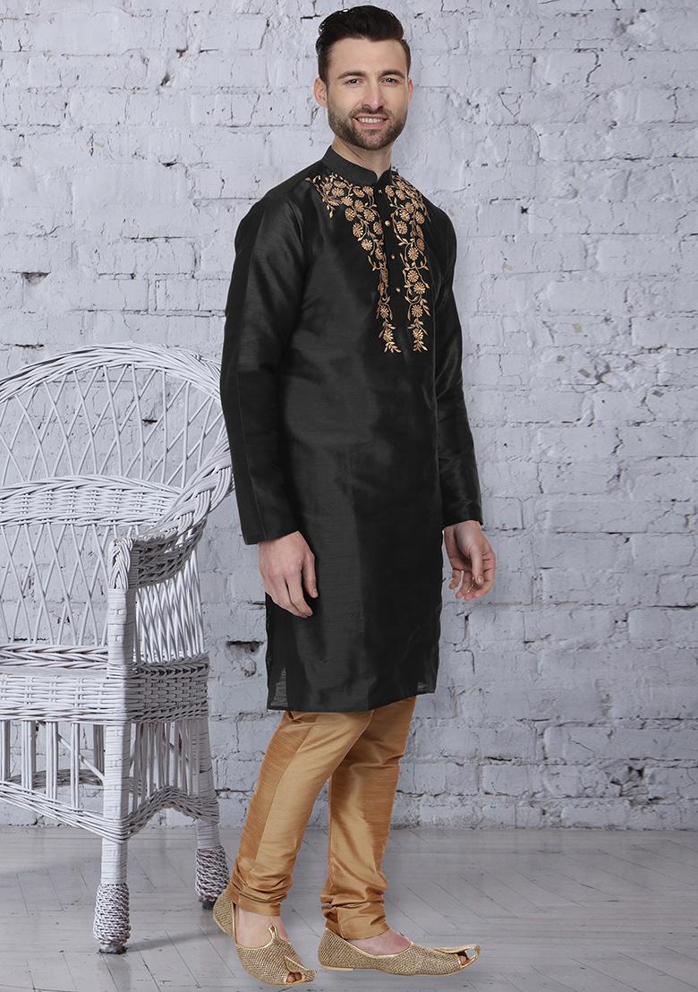 Black Traditional Dupion Silk Kurta For Men - Indya