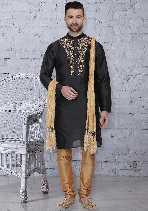 Black Traditional Dupion Silk Kurta For Men