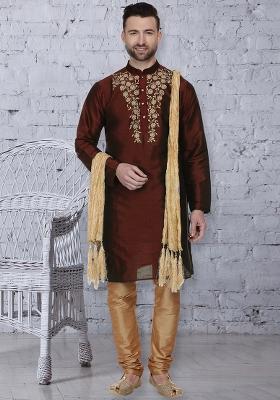 Brown Traditional Dupion Silk Kurta For Men