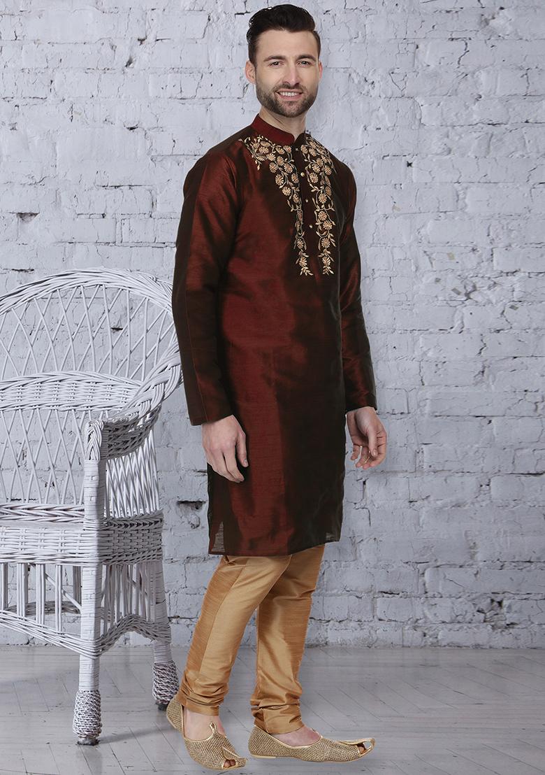 Brown Traditional Dupion Silk Kurta For Men - Indya