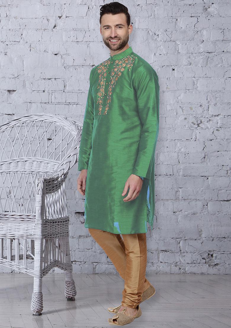 Pista Green Traditional Dupion Silk Kurta For Men - Indya