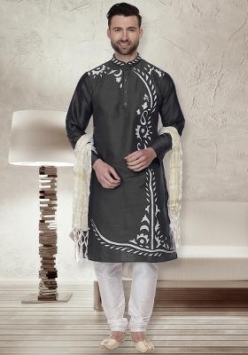 Black Traditional Dupion Silk Kurta For Men