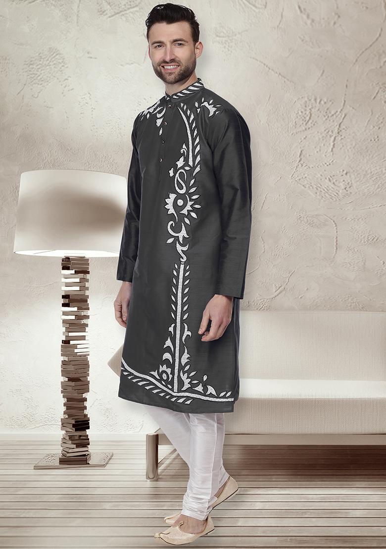 Black Traditional Dupion Silk Kurta For Men - Indya