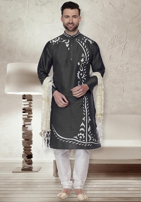 Black Traditional Dupion Silk Kurta For Men