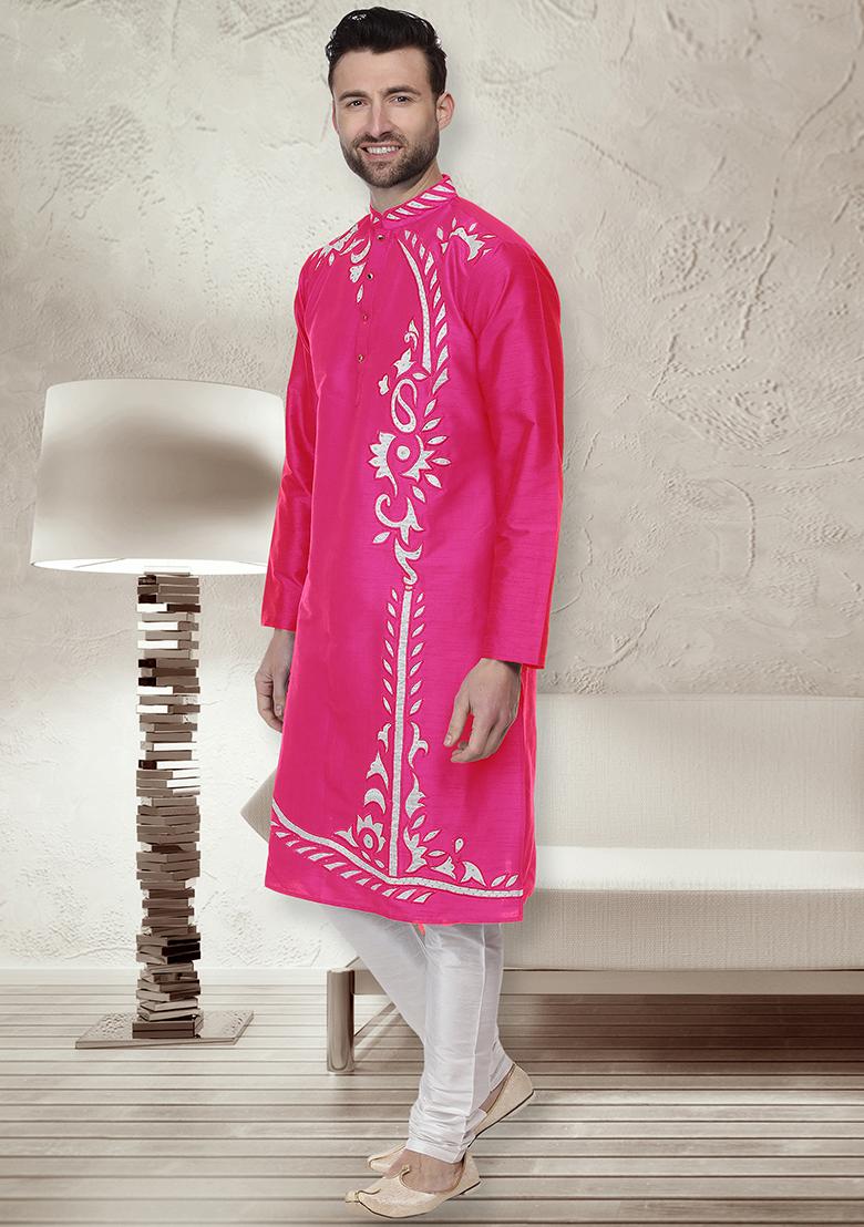 Dark Pink Traditional Dupion Silk Kurta For Men - Indya