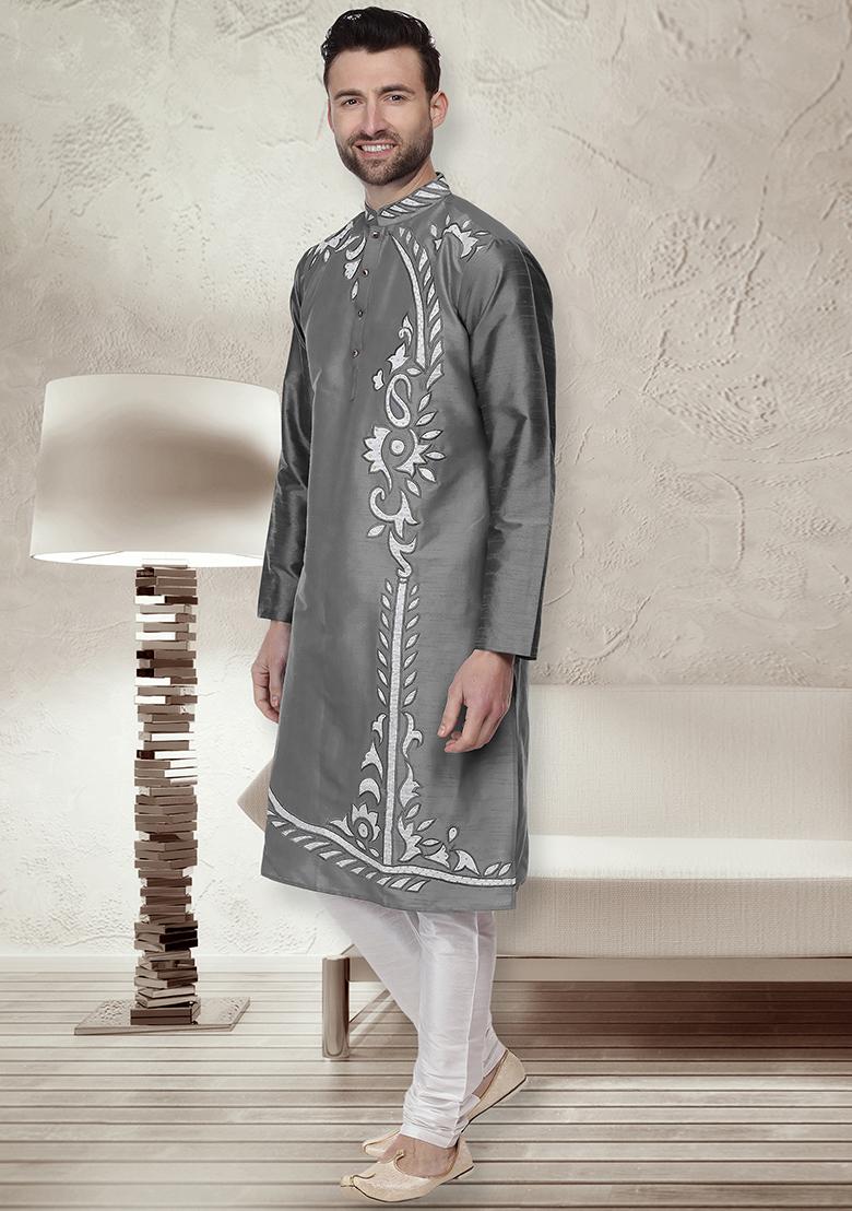 Dark Grey Traditional Dupion Silk Kurta For Men - Indya