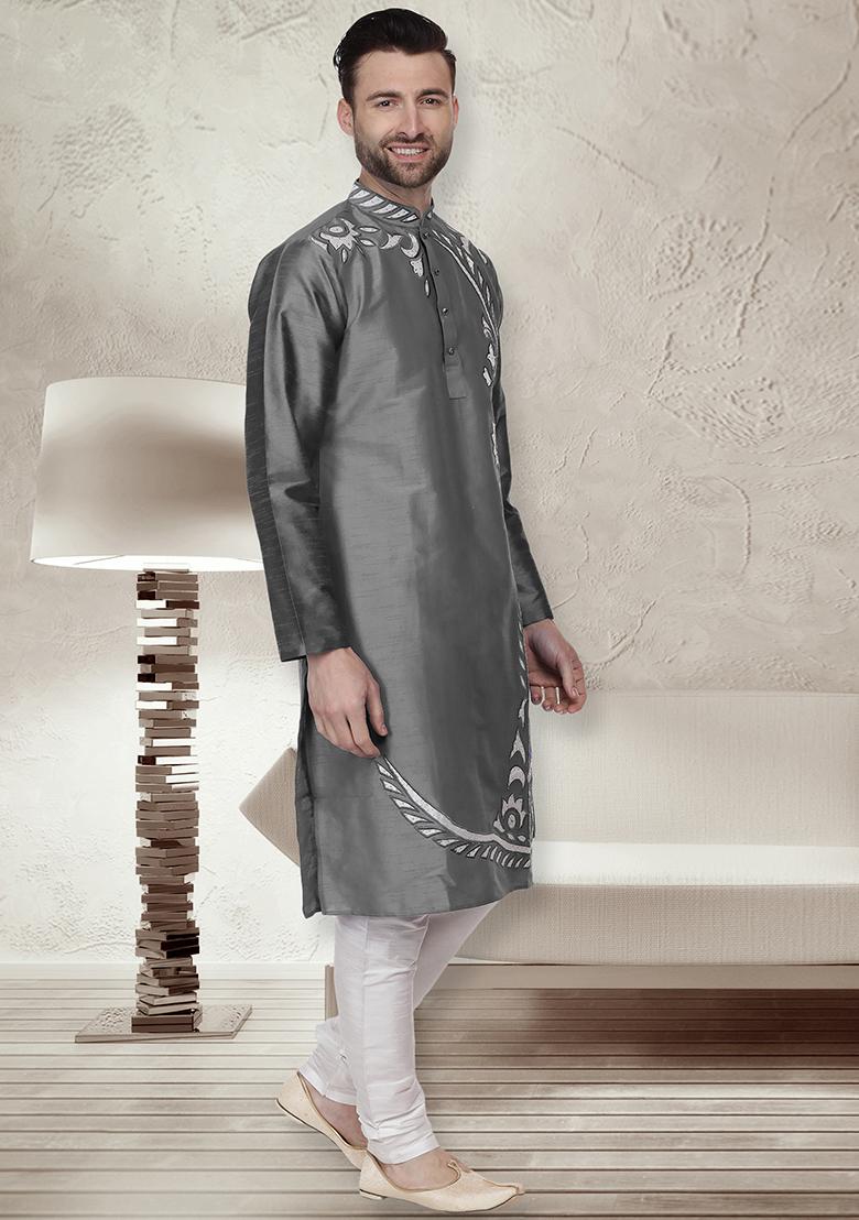 Dark Grey Traditional Dupion Silk Kurta For Men - Indya