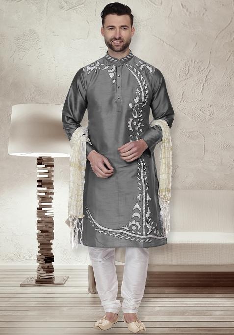 Dark Grey Traditional Dupion Silk Kurta For Men