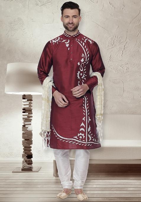 Maroon Traditional Dupion Silk Kurta For Men
